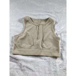Offline By Aerie Womens Ribbed Zip Front Sports Bra Beige M Sportswear Fit Yoga